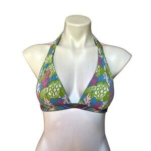 Lilly Pulitzer Green Fish Print Bikini Halter Swim Top w Plaid Accents Preppy